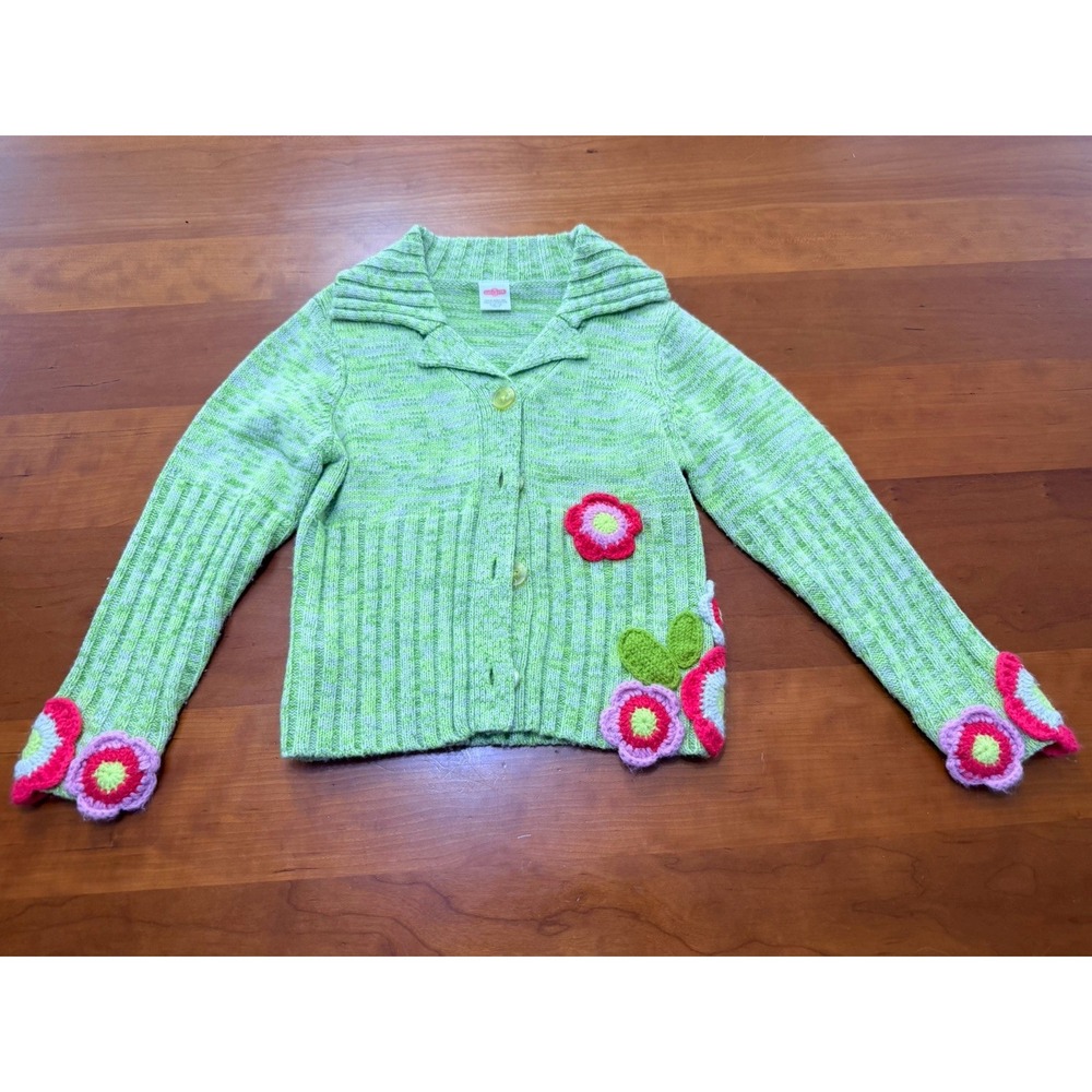 Cakewalk Girls Green Knit Floral Cardigan Sweater Button Front Collar 6